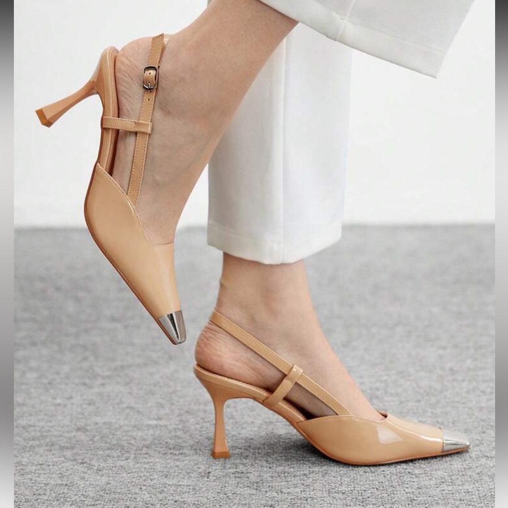 Cream beige heels with silver cap toe detail - Picture 7 of 8